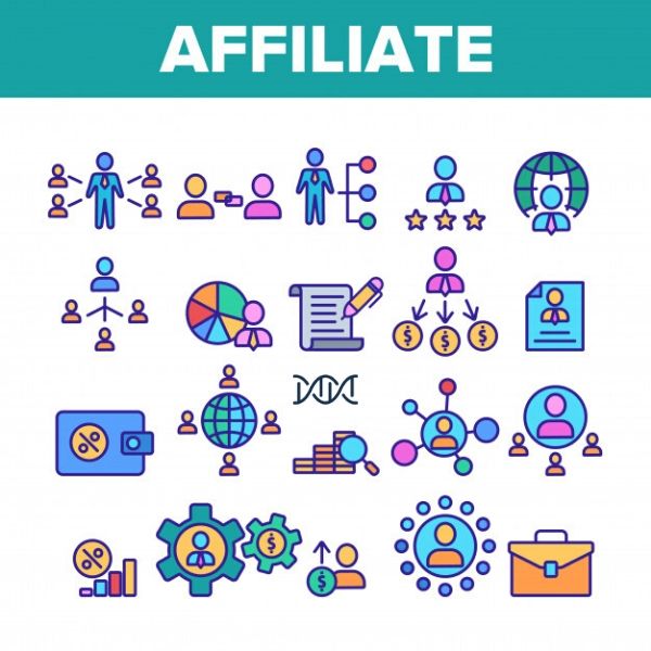 Scopri come l'affiliate marketing può aiutare la tua azienda! Immagine illustrata con vari disegni dei diversi processi del meccanismo di affilizione e dei vantaggi che questa pratica produce sul business