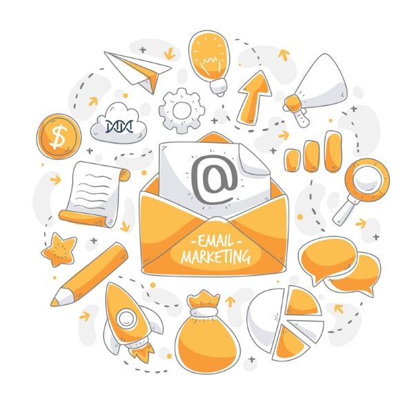 Immagine illustrata raffigurante una lettera gialla rappresentante un email circondata da icone di vario genere raffigurante i vari contenuti che possono essere presenti all'interno di una mail