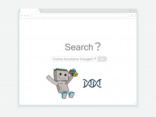 immagine della homepage di un motore di ricerca con googlebot e logo dna agency